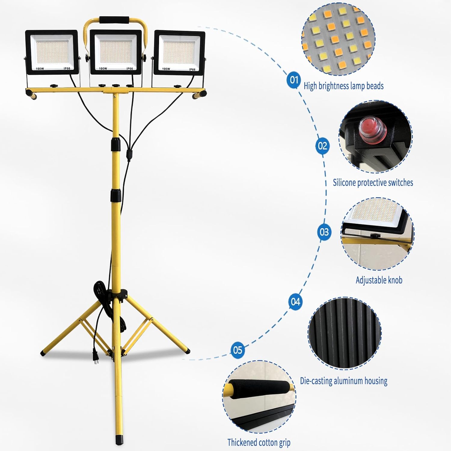 21000 Lumen Work Lights with Stand,3 Adjustable Head LED Work Light,with Foldable and Spliced Telescopic Tripod Stand,IP66 Waterproof Work Light with 6500 Kelvin Color Temperature Portable Lighting