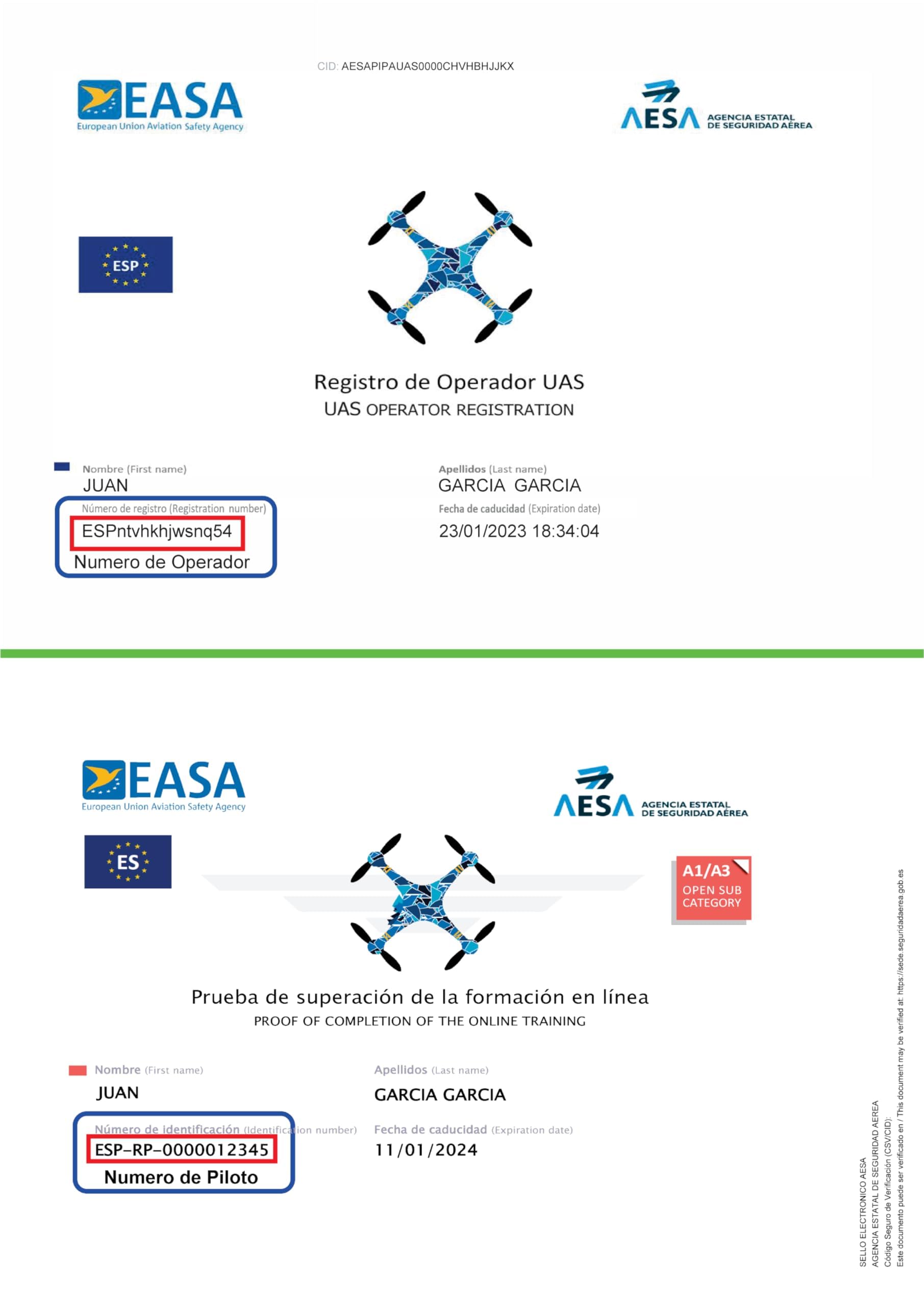 ● TARJETA DE PVC EASA ● Impresión Una cara ● Impresión Doble cara ● Número de Operador + Certificado de Piloto de drones | A1/A3 | A2 | STS (1 Tarjeta | Impresión a Doble Cara)