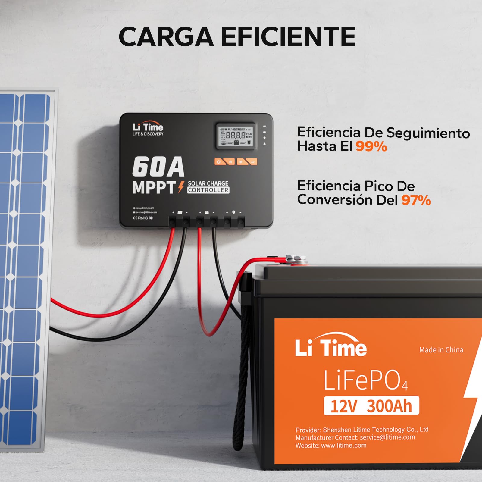 LiTime 60A MPPT 12V/24V/36V/48V Máx. 3200W Entrada DC Automática Controlador de Carga Solar con Adaptador Bluetooth, Pantalla LCD con Parámetros Ajustables, Indicadores LED, para Batería de Litio