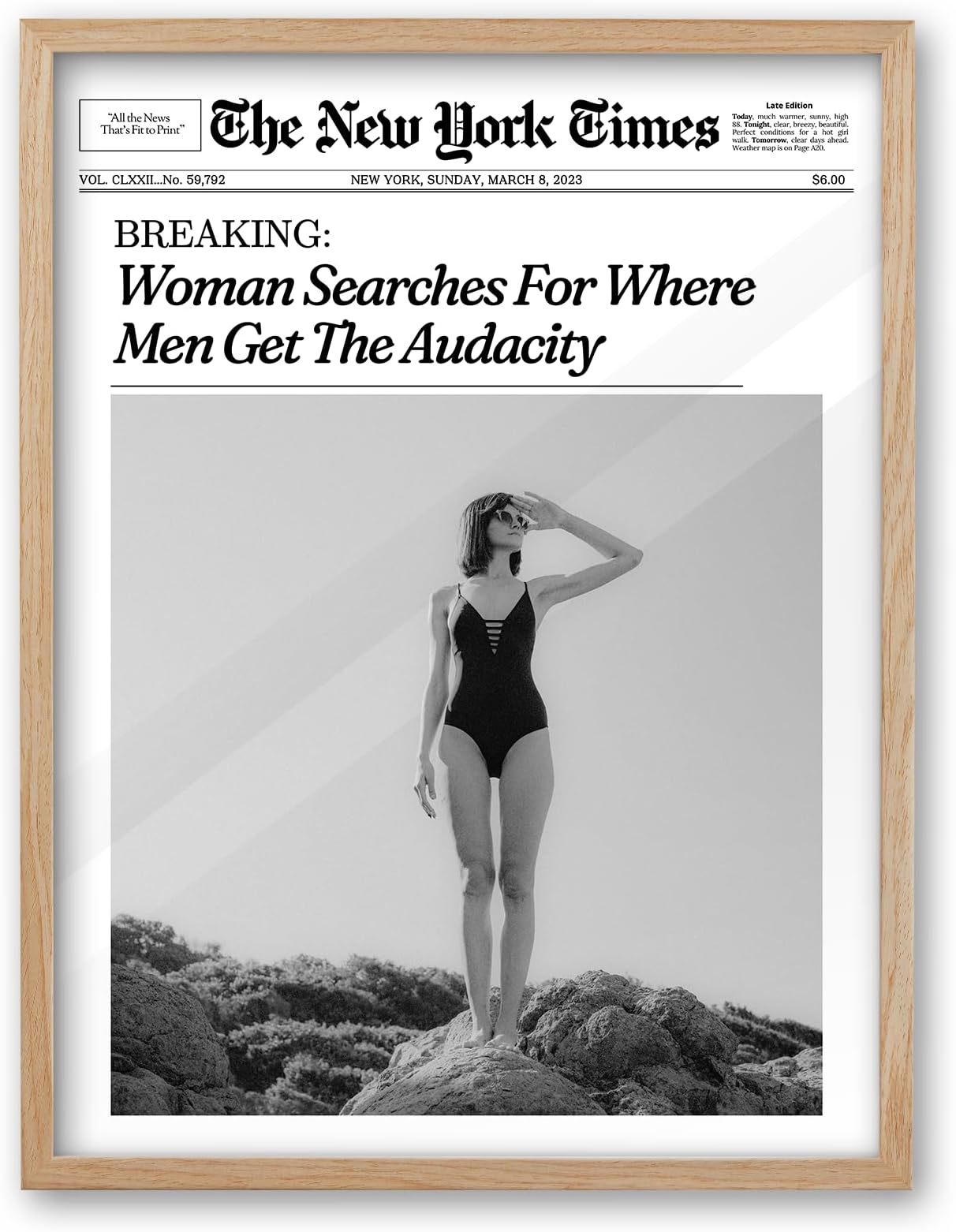 iHery Natural OAK Wood Framed Trendy NewsPaper Wall Art,12x16in Retro Magazine Canvas Wall Art, Funny Bathroom Decor,Woman Searches For Where Men Get The Audacity,Girly Bedroom Dorm Artwork 1Pack