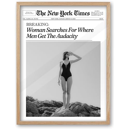 iHery Natural OAK Wood Framed Trendy NewsPaper Wall Art,12x16in Retro Magazine Canvas Wall Art, Funny Bathroom Decor,Woman Searches For Where Men Get The Audacity,Girly Bedroom Dorm Artwork 1Pack