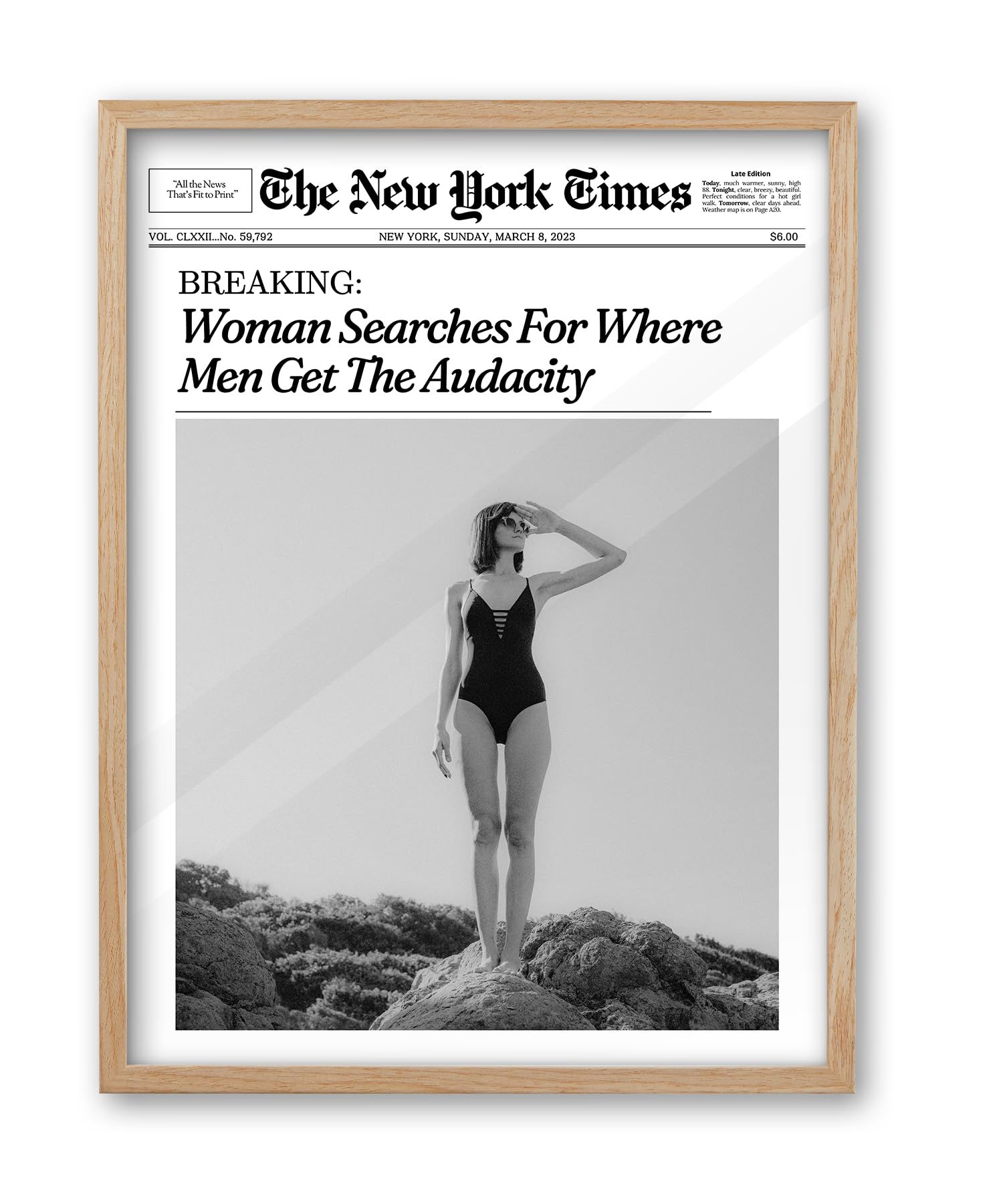 Natural OAK Wood Framed Trendy NewsPaper Wall Art,12x16in Retro Magazine Canvas Wall Art, Funny Bathroom Decor,Woman Searches For Where Men Get The Audacity,Girly Bedroom Dorm Artwork 1Pack