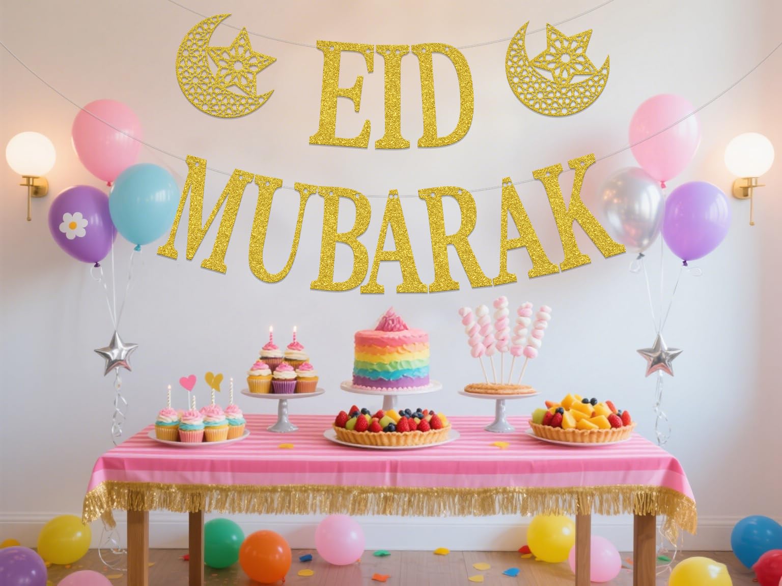 ZCXVC Eid Mubarak Banner Hajj Mubarak Decorations Umrah Mubarak Islamic Party Decorations Gold Glitter - Image 3