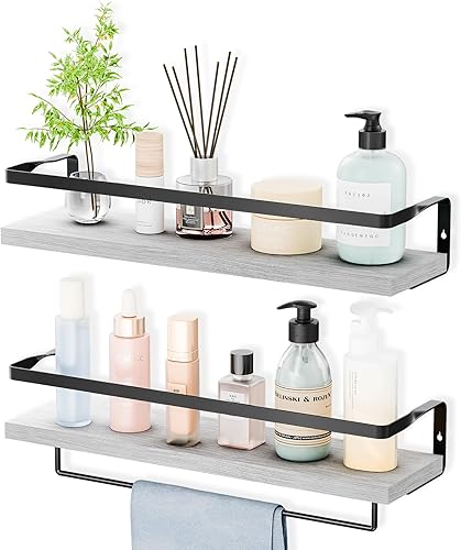 Estantes de baño con toallero, estantes flotantes para baño, cocina, dormitorio, madera de paulownia, marco de metal negro mate, juego de 2 unidades