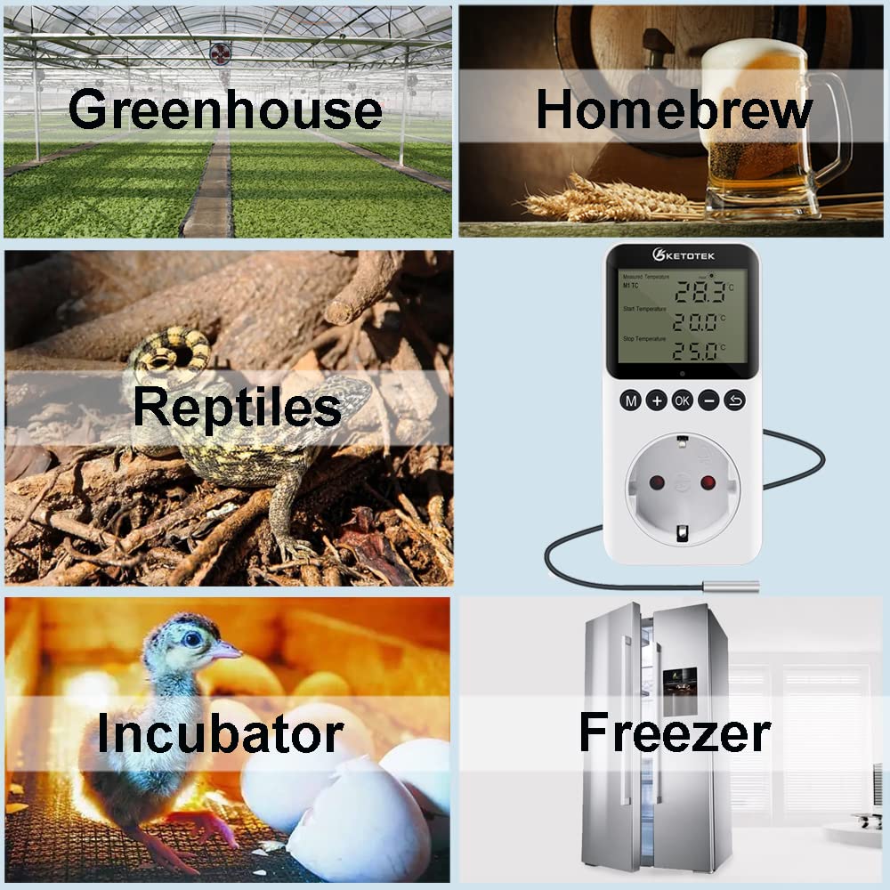 KETOTEK Wtyczka Termostatu Wylotowego z Dziennym Zegarem Nocnym Kontroler Temperatury Cyfrowego Ogrzewanie Chłodzenie 230V dla Gad Terrarium Grzałki Szklarnia Inkubator 220V