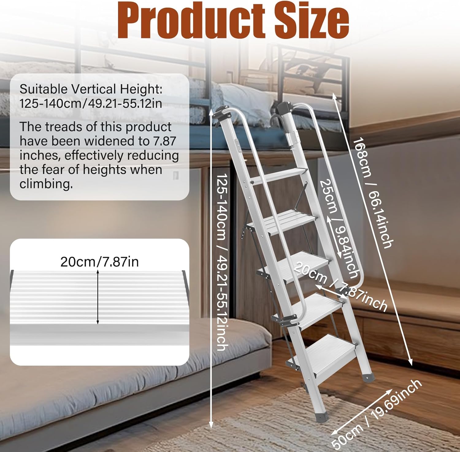 Undercat 5 Steps Bunk Bed Ladder, Adjustable 5.5ft Aluminum Alloy Step Ladder with Removable Handrails & 7.87in Anti-Slip Folding Wider Treads, 330 lbs Load Capacity, for Dorm Loft Truck RV Apartment