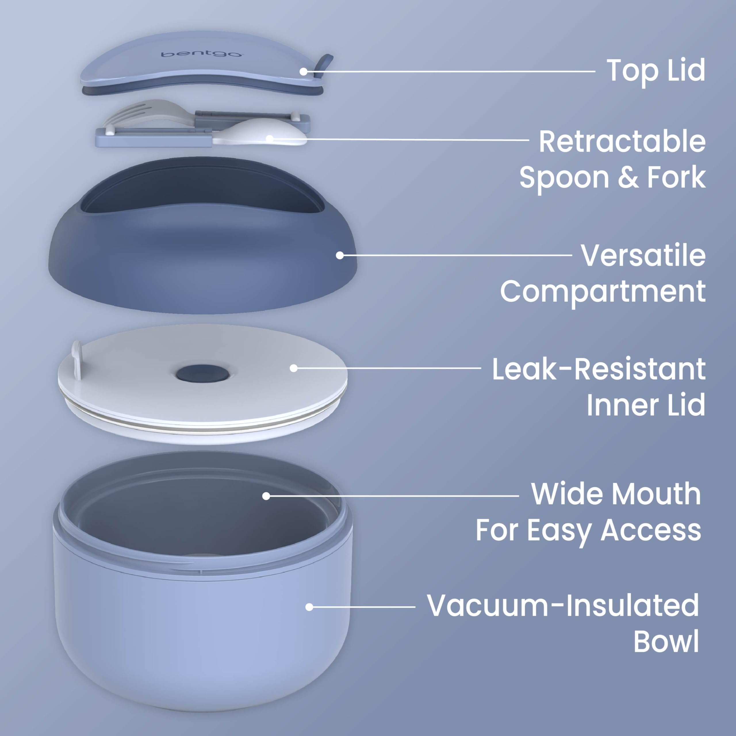 Bentgo Schüssel – Isolierte, auslaufsichere Schüssel mit Snackfach, faltbaren Utensilien und verbessertem, griffigem Design für unterwegs – hält Suppe, Müsli und mehr – BPA-frei, 600 ml (Schiefer) | Vakuumisolierter Edelstahl, auslaufsicher, breite Öffnun