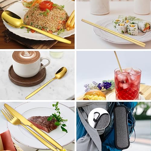 Miniatura 3 de AARAINBOW Juego de cubiertos de viaje de acero inoxidable de 7 piezas, portátil, reutilizable, incluye palillos, cuchillo, tenedor, cuchara,