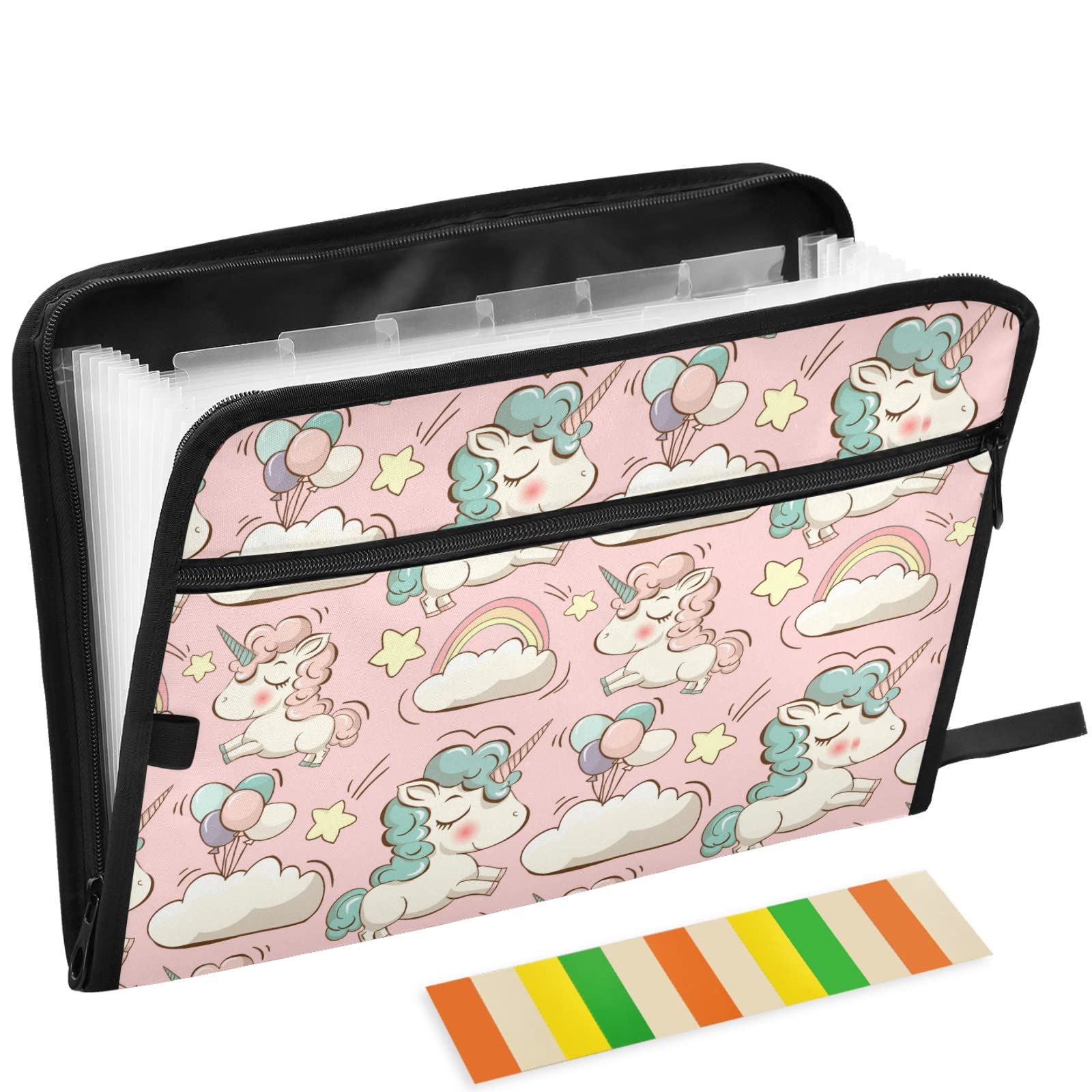 Rainbow Unicorns 13 Pocket Expanding File Folder - Letter & A4 Size Document Organizer With Zipper (Pink)