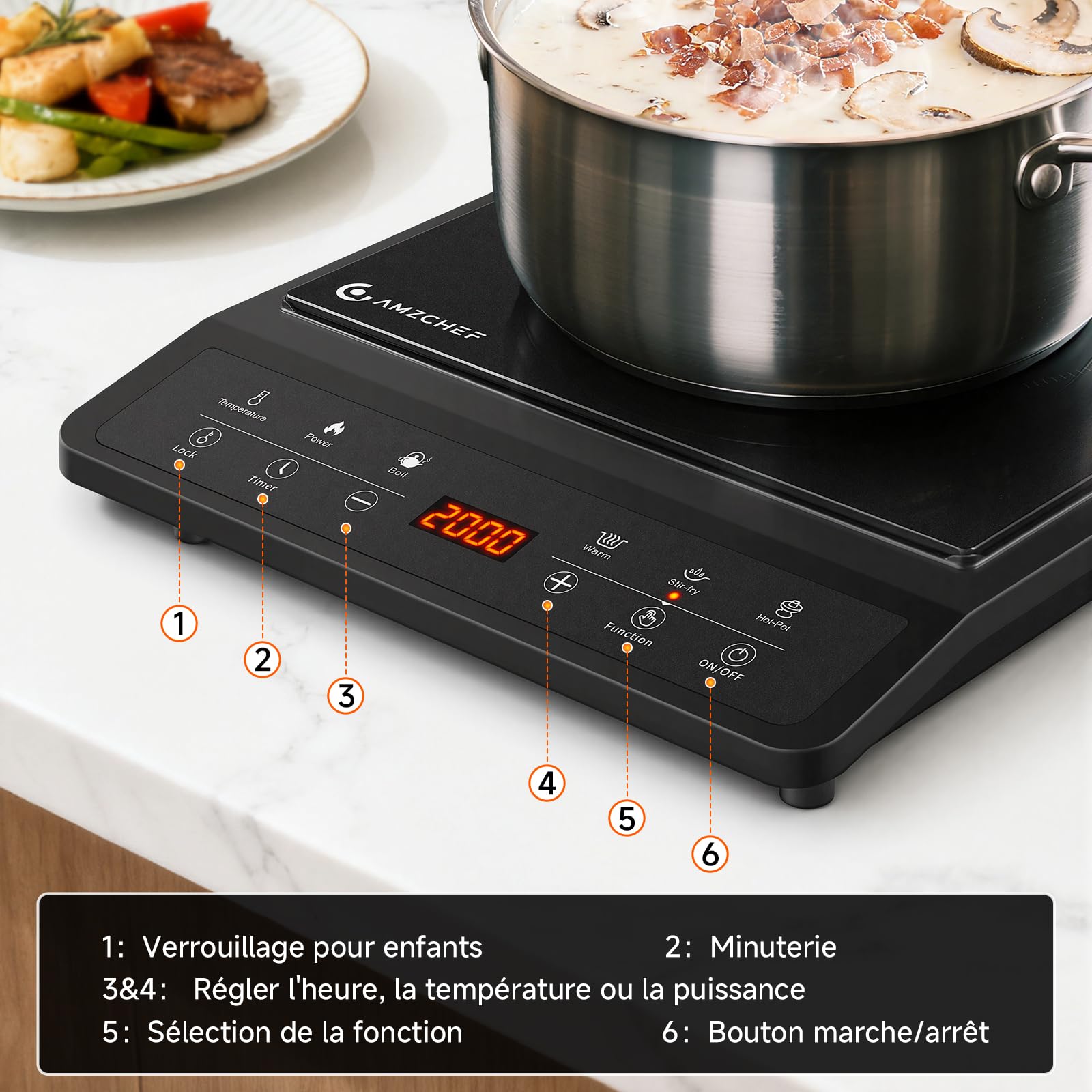 AMZCHEF Plaque Induction, Plaque à induction, 20 Réglages de Rempérature et de Puissance, Design Slim avec Plaque en Céramique Noire, Commande par Capteur, Timer 3H.