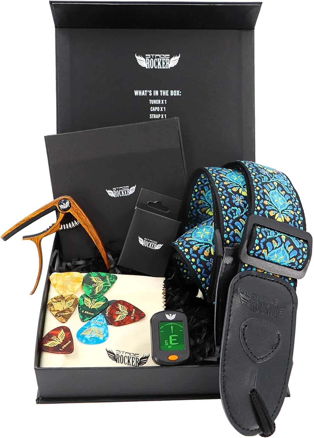 Stage Rocker Guitar Accessories Gift Box for Acoustic and Electric Guitars, 5-in-1 Essential Gift