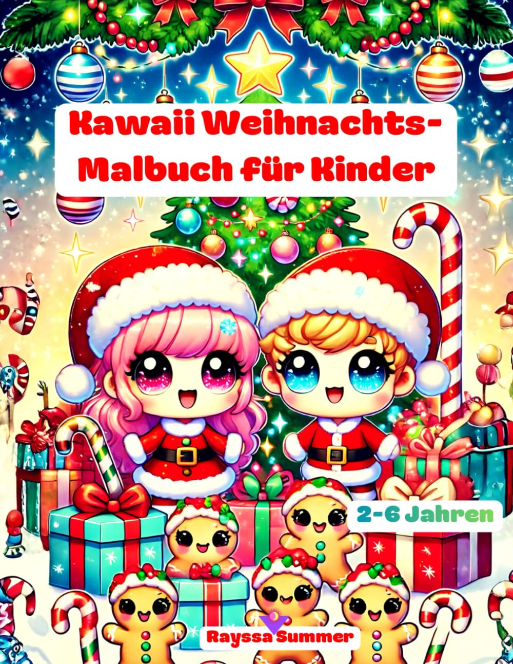 Kawaii Weihnachts-Malbuch für Kinder 2-6 Jahren: Niedlicher und Einfacher Weihnachts-Malspaß mit Weihnachtsmann, Rentieren, Schneemännern und Mehr!
