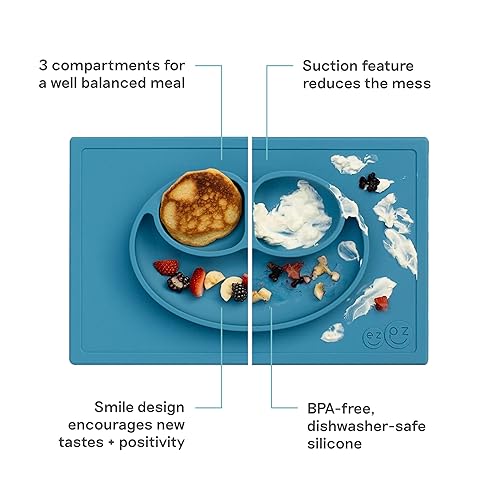 Miniatura 2 de ezpz Mini Mat azul - Placa de succión 100 de silicona con mantel individual integrado para bebés  niños pequeños primeros alimentos