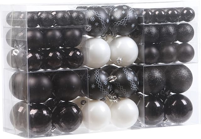 Sea Team 100 Pieces of Assorted Christmas Ball Ornaments Shatterproof Seasonal Decorative Hanging Baubles Set with Reusable Hand-held Gift Package for Holiday Xmas Tree Decorations, Black