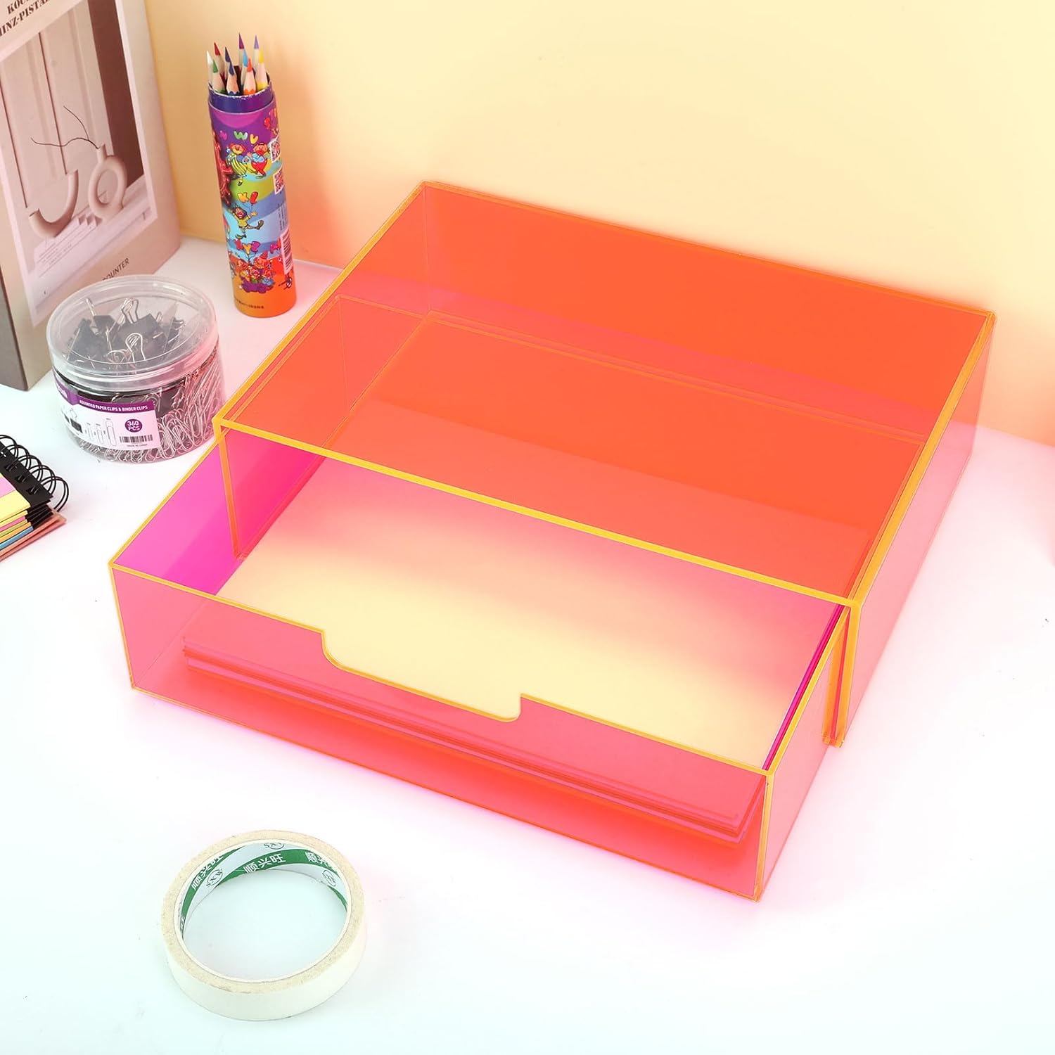 Gelite Acrylic Desk Organizer with Drawer for Makeup Vanity Stackable Desktop Storage Box for Office Supplies, 13.8 x 9.8 x 3.9’’, Neon Pink