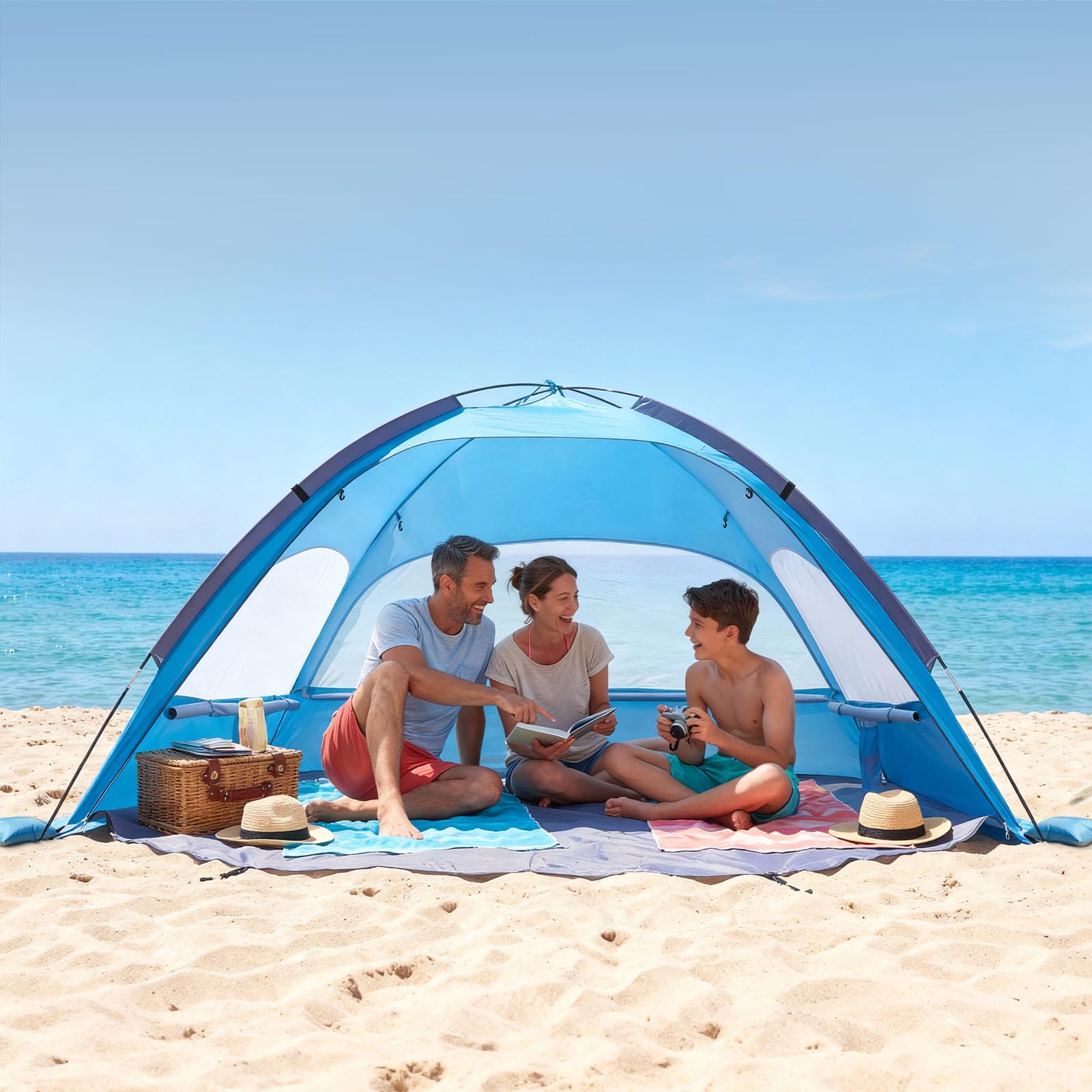VEVOR Tienda de Playa para 3 Personas, Carpa de Refugio de Sol Protección UPF 50+, Carpa Portátil de Playa con Bolsa de Transporte y Bolsillos para Arena, para Acampar, Pescar, Picnics al Aire Libre