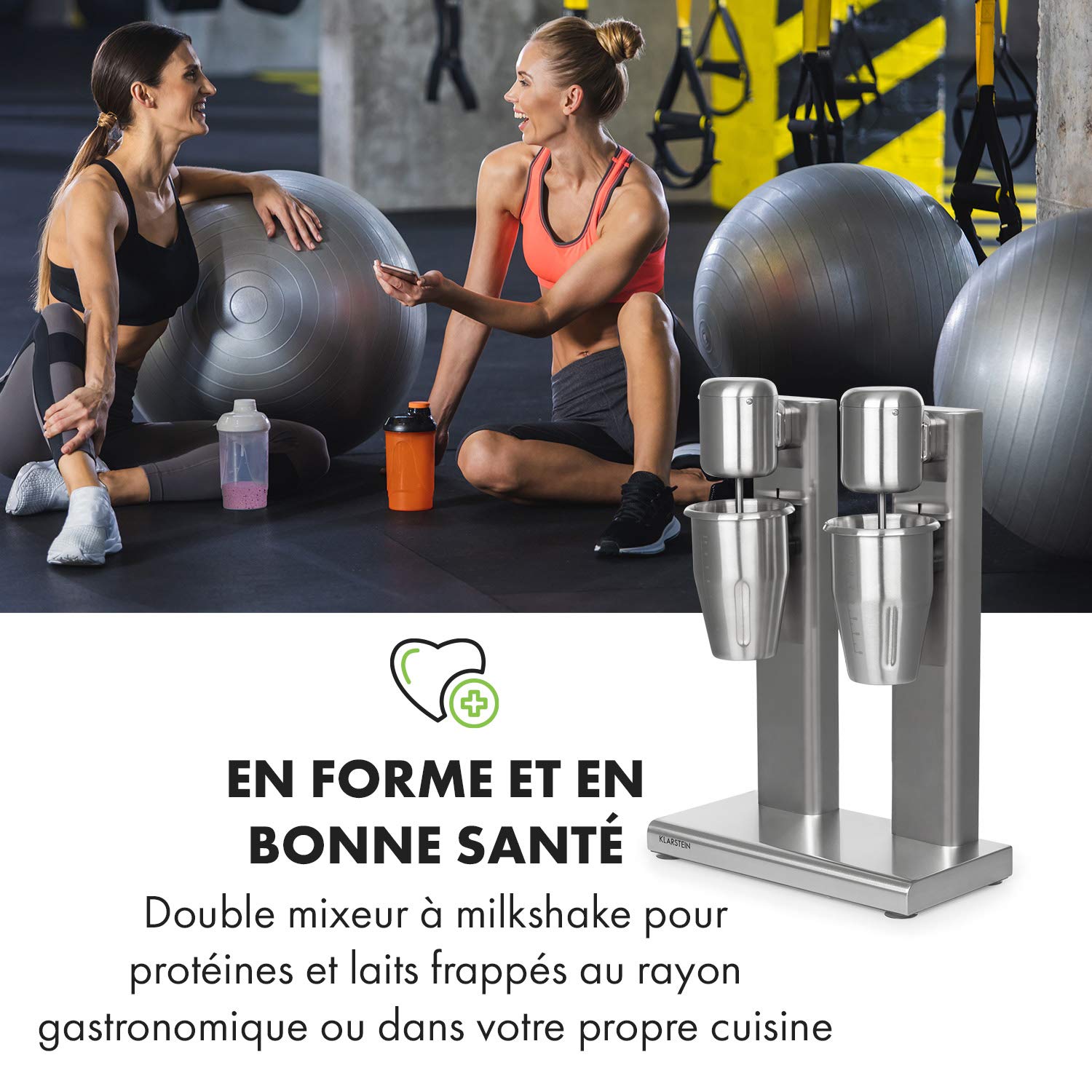Klarstein Kraftpaket II Pro Double Mixeur a Boissons, 160 W, 2 x 1 L, 2 Vitesses, 20000 tr/min, 2 Gobelets en Acier Inoxydable, Milk-Shakes & Proteines, Cocktail, Bar, Gastro, Argent