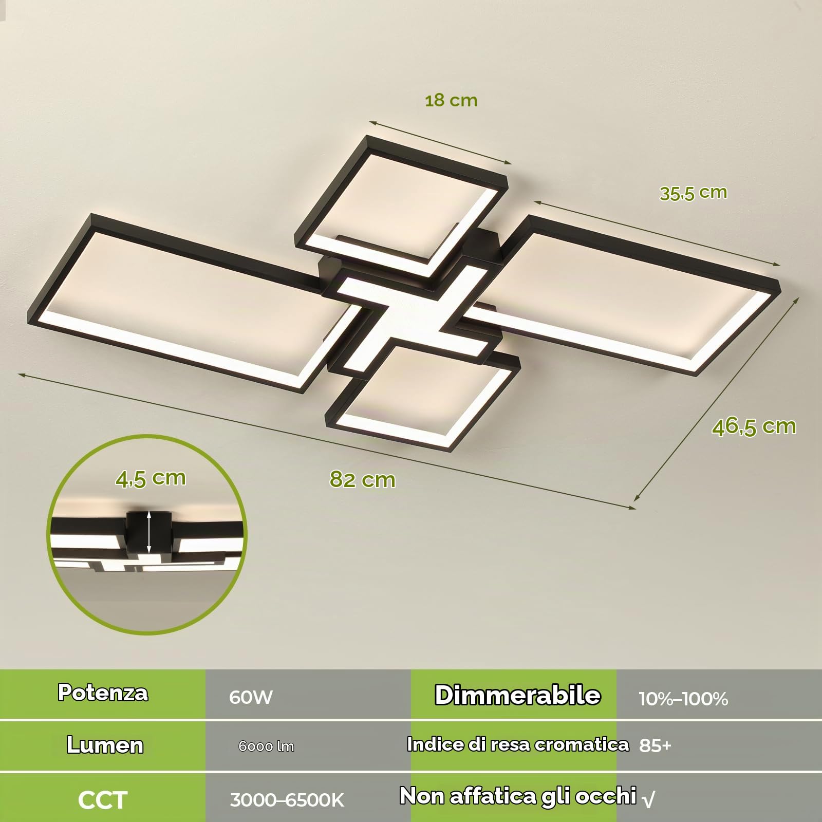 OTREN Plafoniera LED Soffitto Dimmerabile, 82CM 60W Lampadario Camera da Letto con Telecomando 3000K-6500K, Moderno Lampada Soffitto per Soggiorno Cucina, Nero