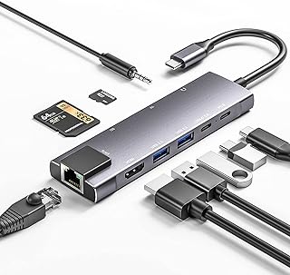 USB C Hub 9 in 1 Multiport Adapter w/Gigabit Ethernet, 100W PD, 4K@60Hz, 2 USB 3.0, USB C 3.0 Data, SD/TF Card Reader, 3.5mm Jack, Dongle Docking Station for MacBook Pro iPad Pro Steam Deck Laptops