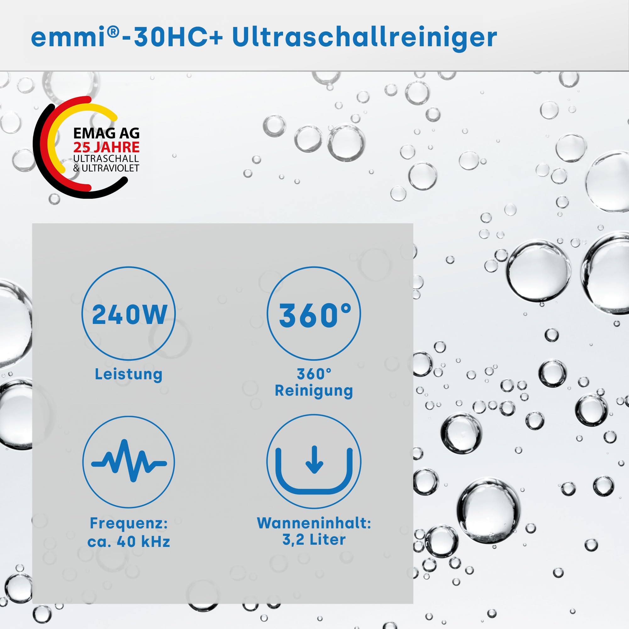 EMAG Ultraschallreiniger Emmi 30HC Plus – 3,2L Ultraschallreinigungsgerät mit Heizung & 4 Leistungsstufen – Profi-Reinigung für Brillen, Schmuck, Werkzeuge, Laborausrüstung & Platinen