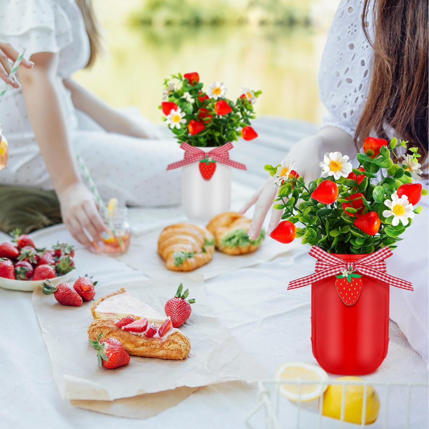 Lyrow 6 Pack Strawberry Mason Jar Table Centerpiece Faux Strawberry Christmas Mason Jar Winter Centerpiece for Table Farmhouse Decoration for Xmas Home Tiered Kitchen Tray Decoration