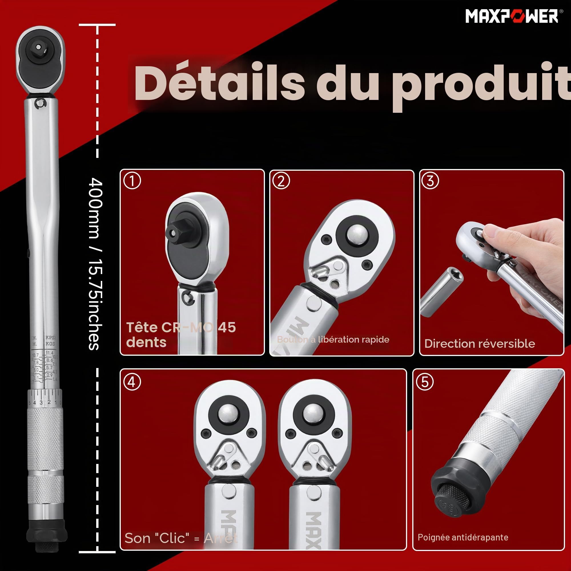 MAXPOWER Clé dynamométrique 3/8", plage de couple 7 à 112 Nm, précision ± 3 % (chromé)