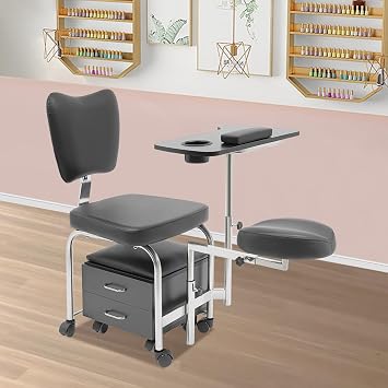 Manicure Pedicure Chair Nail Table, Rolling Salon Pedicure Station Unit Chair Adjustable Nail Desk Workstation, Professional Salon Trolley Beauty Spa Massage Stool with DrawersBlack