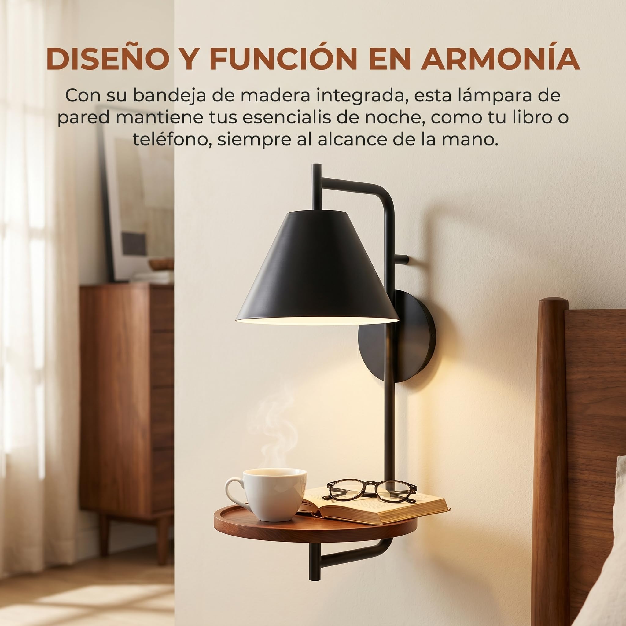 BARCELONA LED Bilon Innen-Wandleuchte E27 mit integriertem Holzregal, moderne Wandlampe in Schwarz Matt für Schlafzimmer, Bettkopfteil, Wohnzimmer und Hotel, Leuchtmittel nicht enthalten