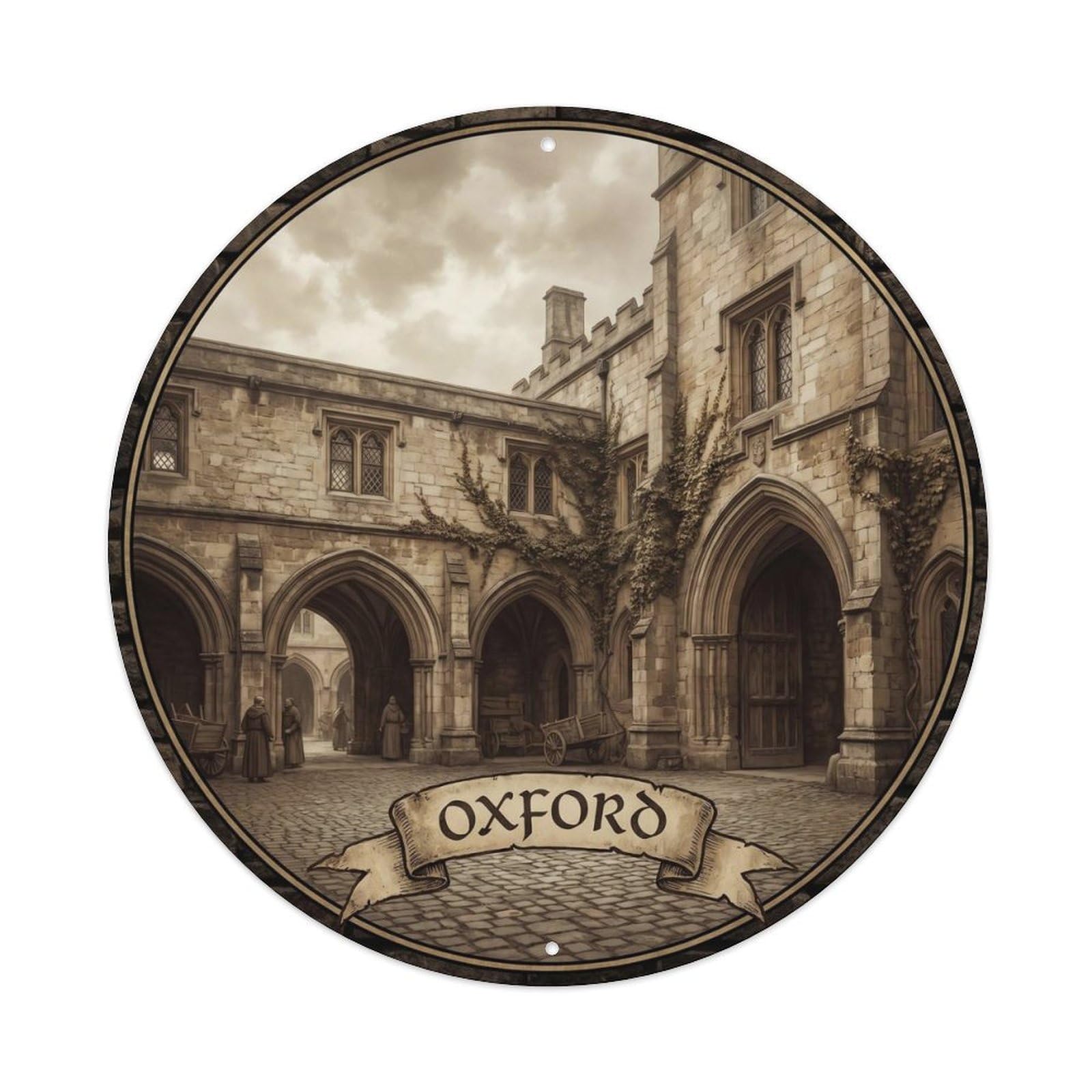 Oxford Historic Library Landmark Vintage Travel Cityscape Metal Tin Sign Plaque Wall Decor for Cafe, Man Cave, Club Bar, Office, Home Garden Round Metal Poster 8x8Inch