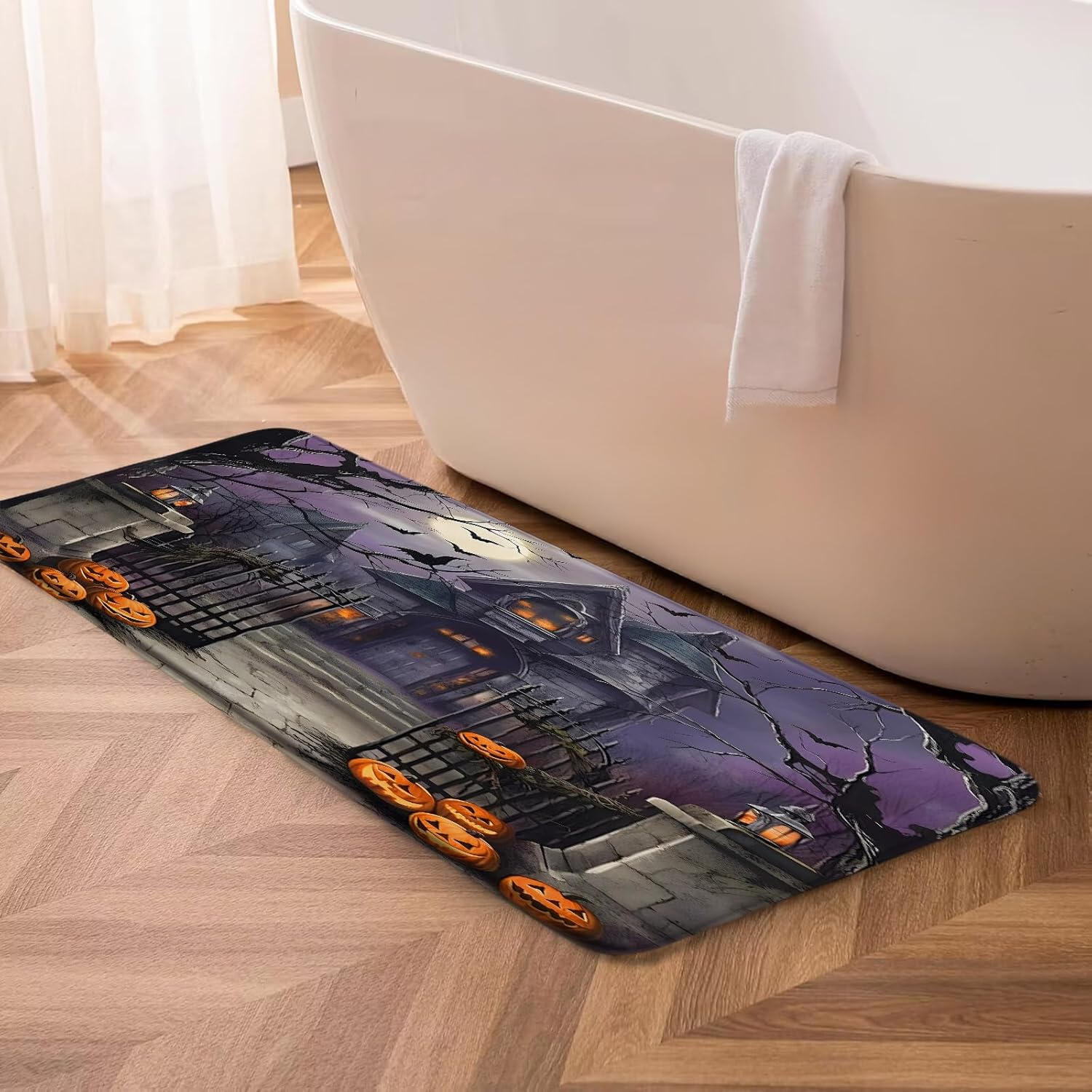 Halloween Bath Mat Scary Night Full Moon Black Dead Tree Gothic Haunted House Castle Pumpkin Spooky Halloween Bathroom Decor Rug Doormat Toilet Floor Rug,24x60 Inch