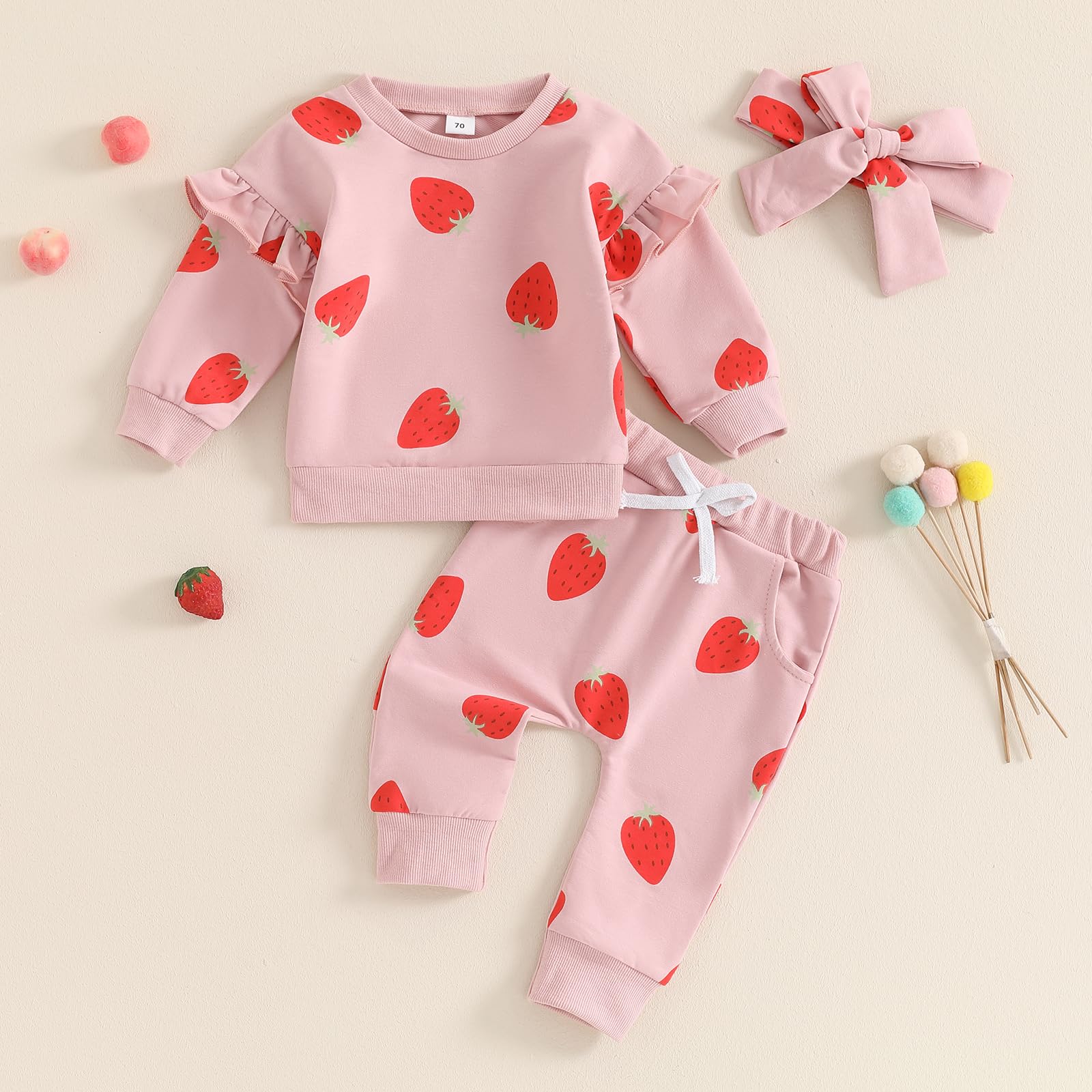 Mubineo Toddler Baby Girl Clothes Cute Flower Sweatshirt Outfits Fall Winter Long Sleeve Tops Pant Outfit Sweatsuit Set (Pink Strawberry, 0-6 Months)