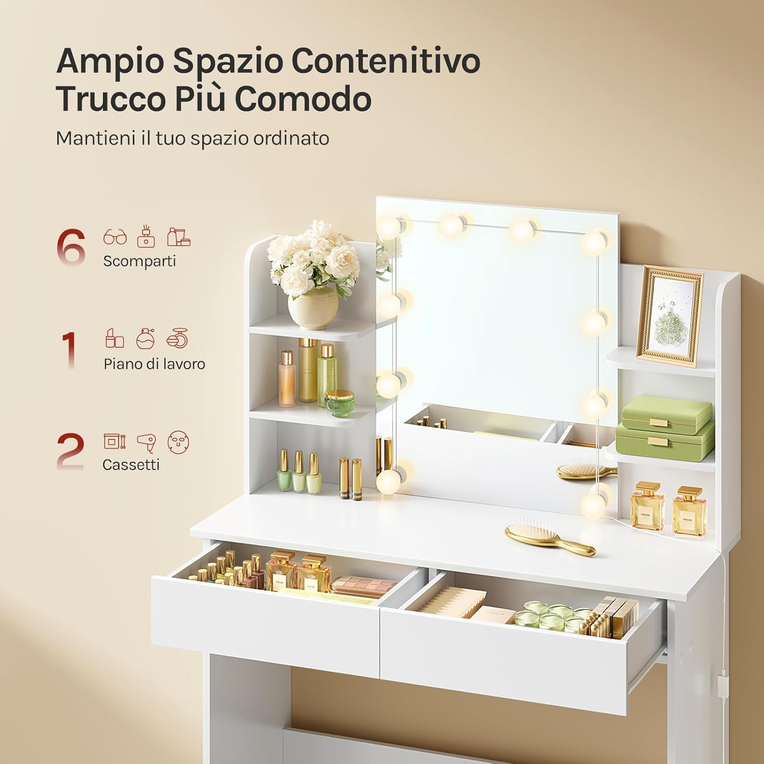 WOLTU Toeletta con Specchio e Luci LED, Postazione Trucco con 10 Lampadine Dimmerabili, Scrivania da Trucco con 2 Cassetti e 4 Ripiani, Tavolo da Camera da Letto, Legno, 90x40x135cm, Bianco