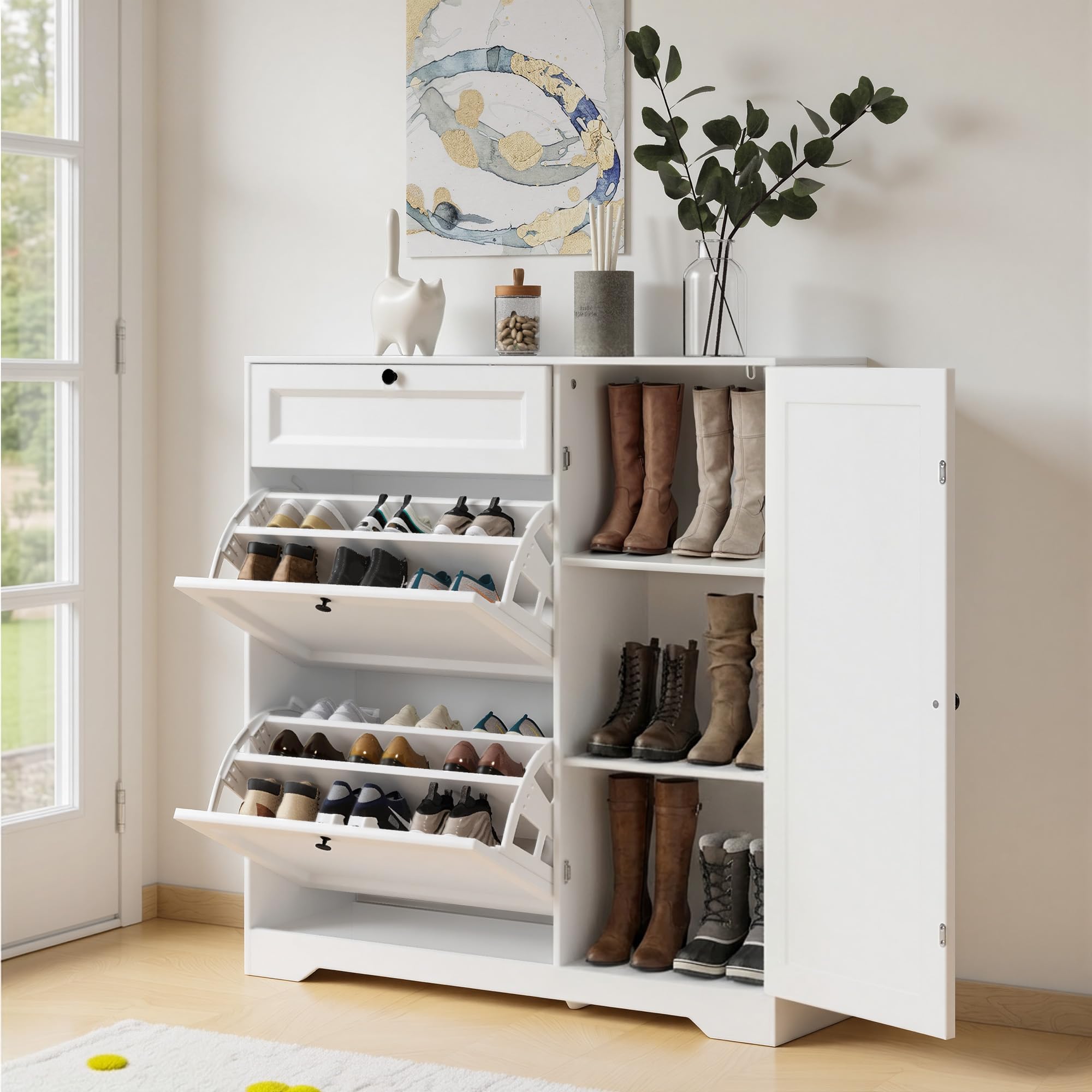 Xbro Zapatero Entrada Recibidor, Mueble Zapatero de Madera con 2 Puertas Abatibles y Armarios, Zapatero Estrecho Entrada Recibidor para Pasillo y Salón, Medidas 100×30×102cm Blanco