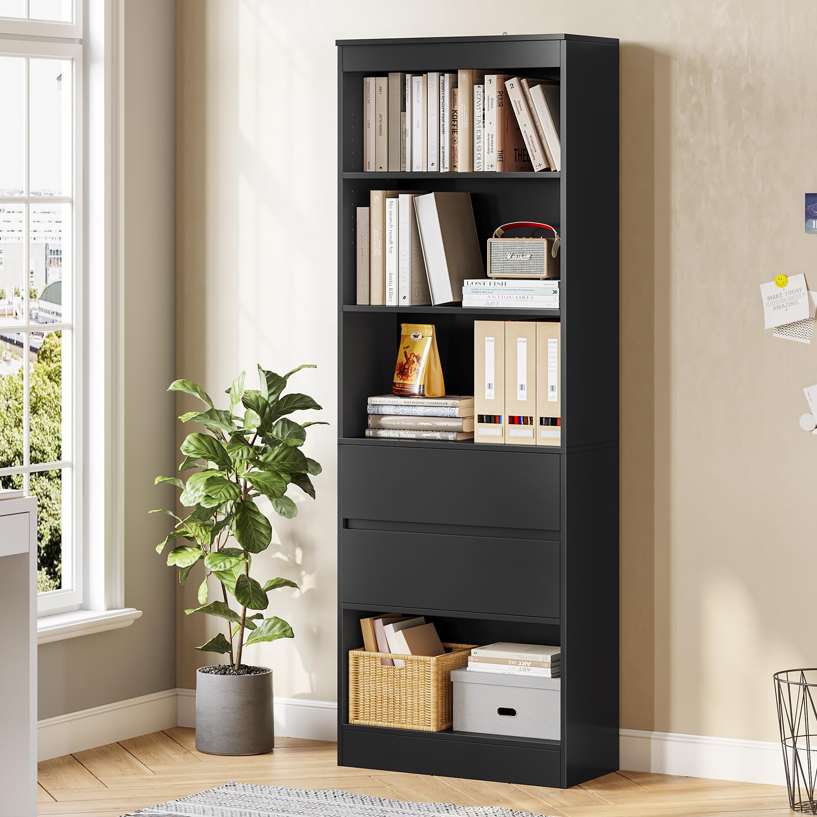 Mobile Alto con Ripiano Regolabile, Mensola in Piedi, Mobiletto da Bagno, Libreria a Scomparti Aperti,Mobiletto Multiuso per Bagno, Soggiorno, Camera da Letto, 180 x 60 x 30 cm(Nero)