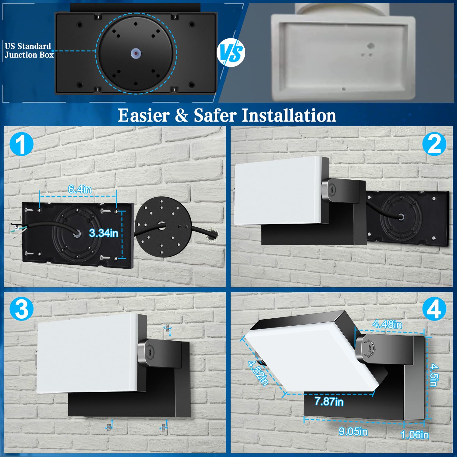 ledmo 60W Applique Murale Extérieure LED 5000Lm 6000K IP65 Noir 360° | Pivotant 360°, aluminium moulé, lumière froide, idéal jardin terrasse, 50000h de vie, montage facile, étanche durable