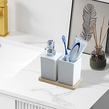 White Ceramic Bathroom Set with Wood Tray | Includes 320ml Soap Dispenser & Tumbler | Luxury Bathroom Accessories & Decor
