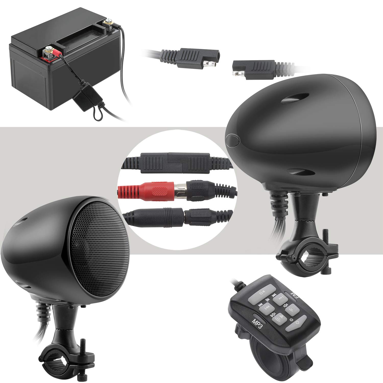 iMESTOU Sistema Audio per Moto 4 Pollici Bluetooth Altoparlanti Stereo Impermeabile 300 W Classe D AUX MP3 Amplificatore Integrato Fit per 1-1.25 Pollici Manubrio Moto ATV UTV