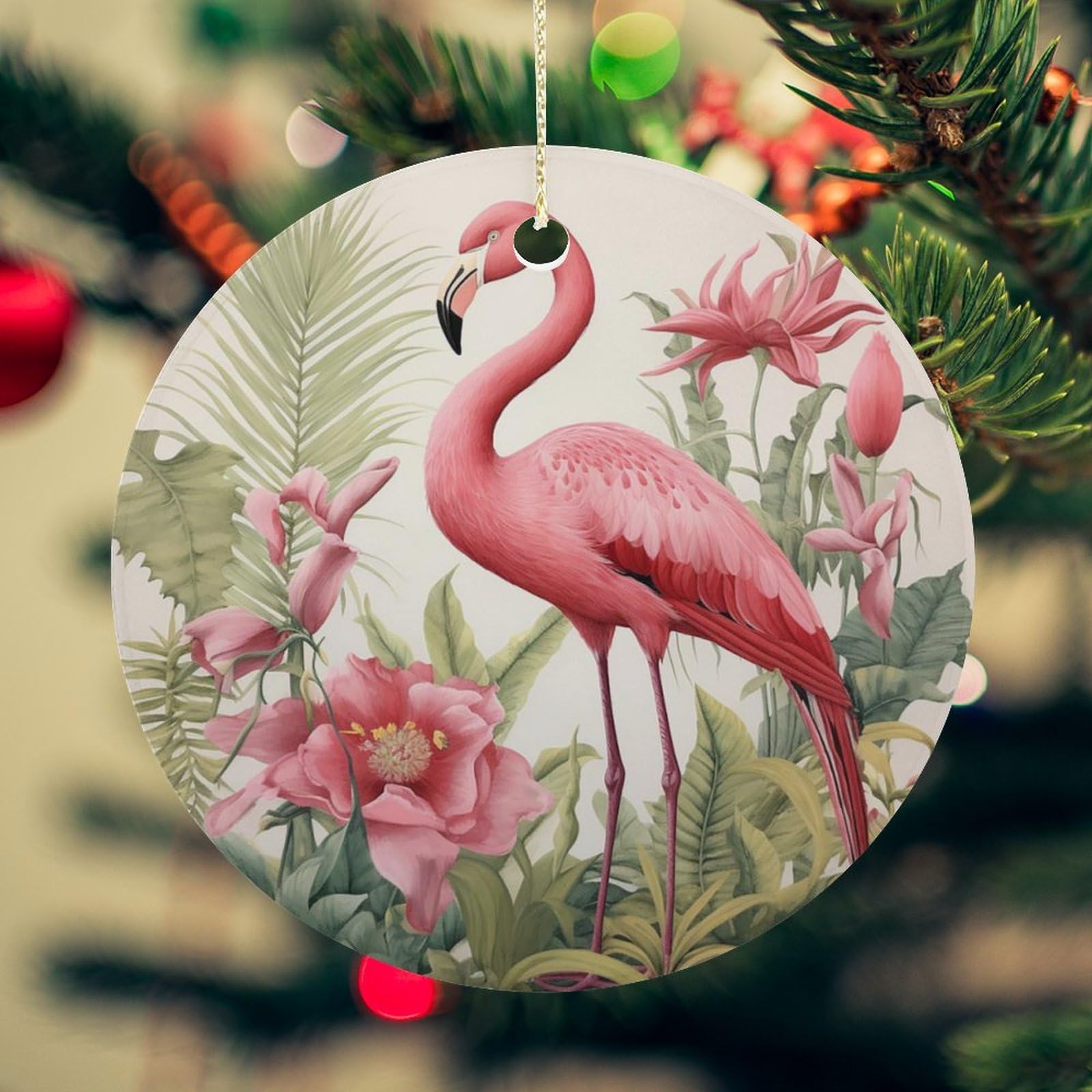 Flamingo and Leaves Christmas Ornament for Christmas Tree Ceramic Round Ornament Winter Holiday Keepsake Gift 2.7" Christmas Tree Hanging Decorations Circle Ceramic Pendant Xmas Gift