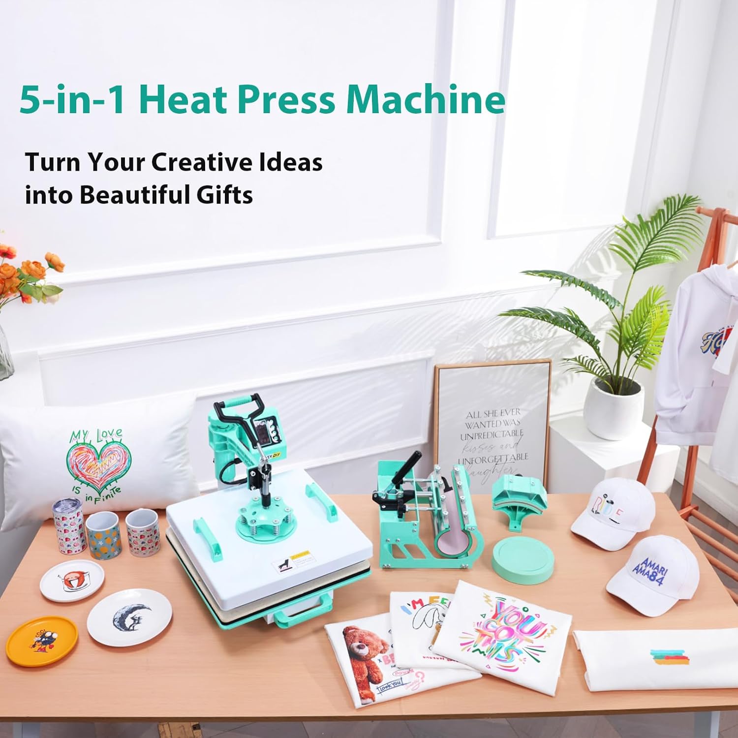 15x15 Heat Press, 5in1Combo Heat Press Machine with 11-30oz Tumbler/Mug/Hat/Plate Press,360° Swing Away Digital Shirt Press Machine,Slide Out for Beginners (15‘’X15‘’ Green 5in1)