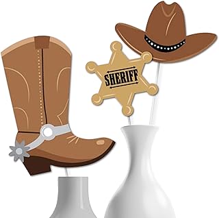 Big Dot of Happiness Western Hoedown Party Centerpiece Sticks - 15-Piece Wild West Table Toppers, Cowboy Boot Sheriff Badge Hat Cutouts, Country Western Party Supplies, Photo Booth Props