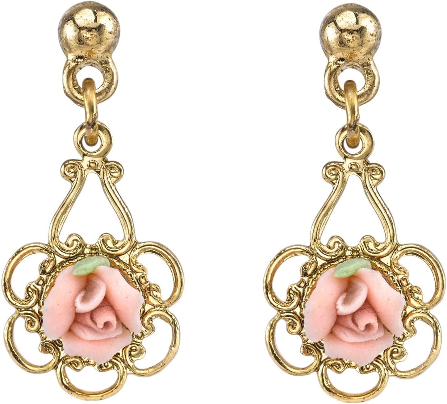 1928 Jewelry Porcelain Rose Post Back Drop Earrings For Women, Open Filigree Handmade Flower With Green Leaves, 14K Gold Dipped, Made In USA