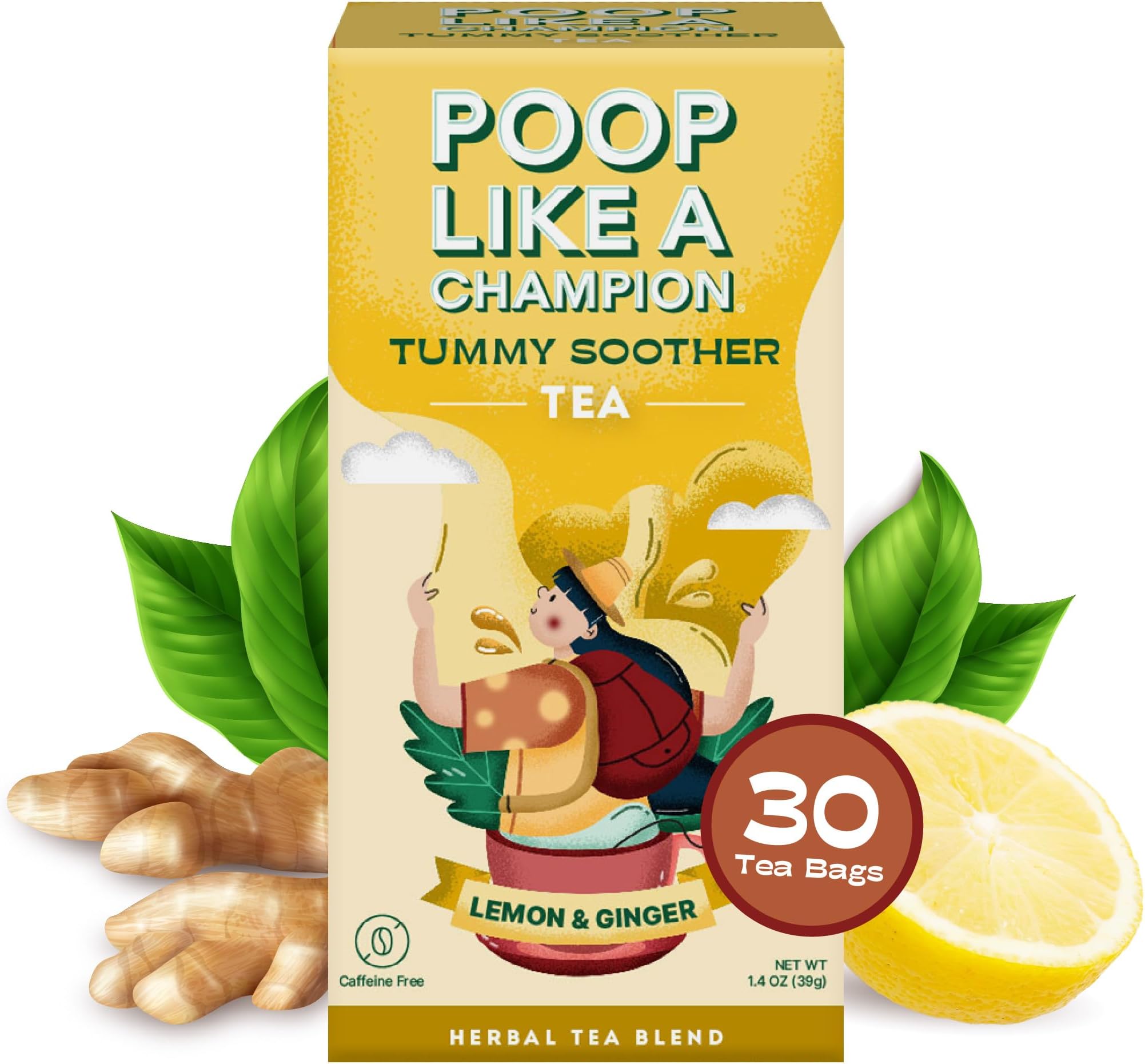 Poop Like A Champion Tummy Soother Lemon Ginger Tea, 30 Bags, Digestive Herbal Tea for Soothing Relief, Ginger Lemon Tea Bags, Organic Ingredients