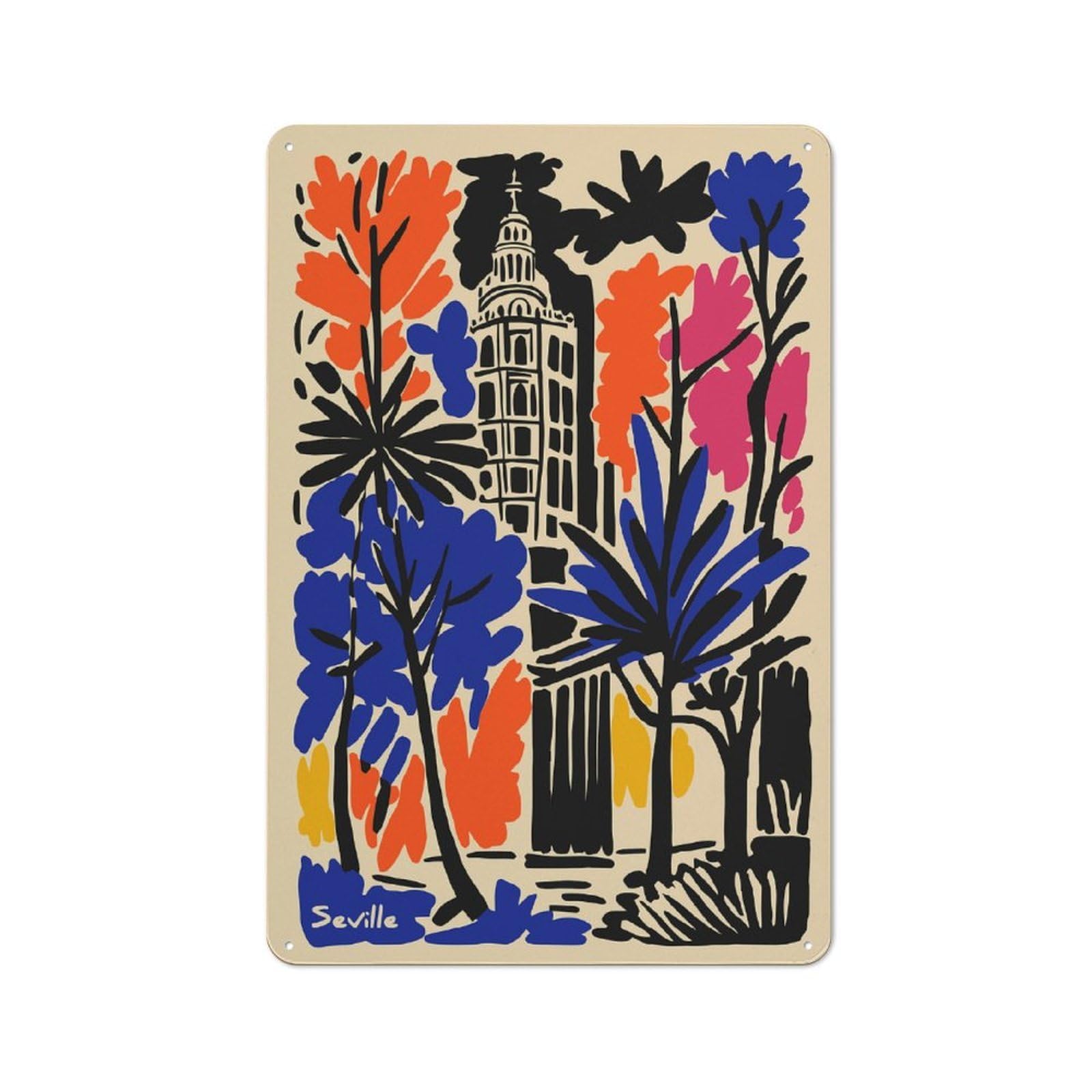 Junmoney Style-14 For Guest Room Or Hallway, Seville Cityscape With Trees And Tower Vintage Metal Sign 30X20cm, New-Space Wall Decor For Home Decor Collectors