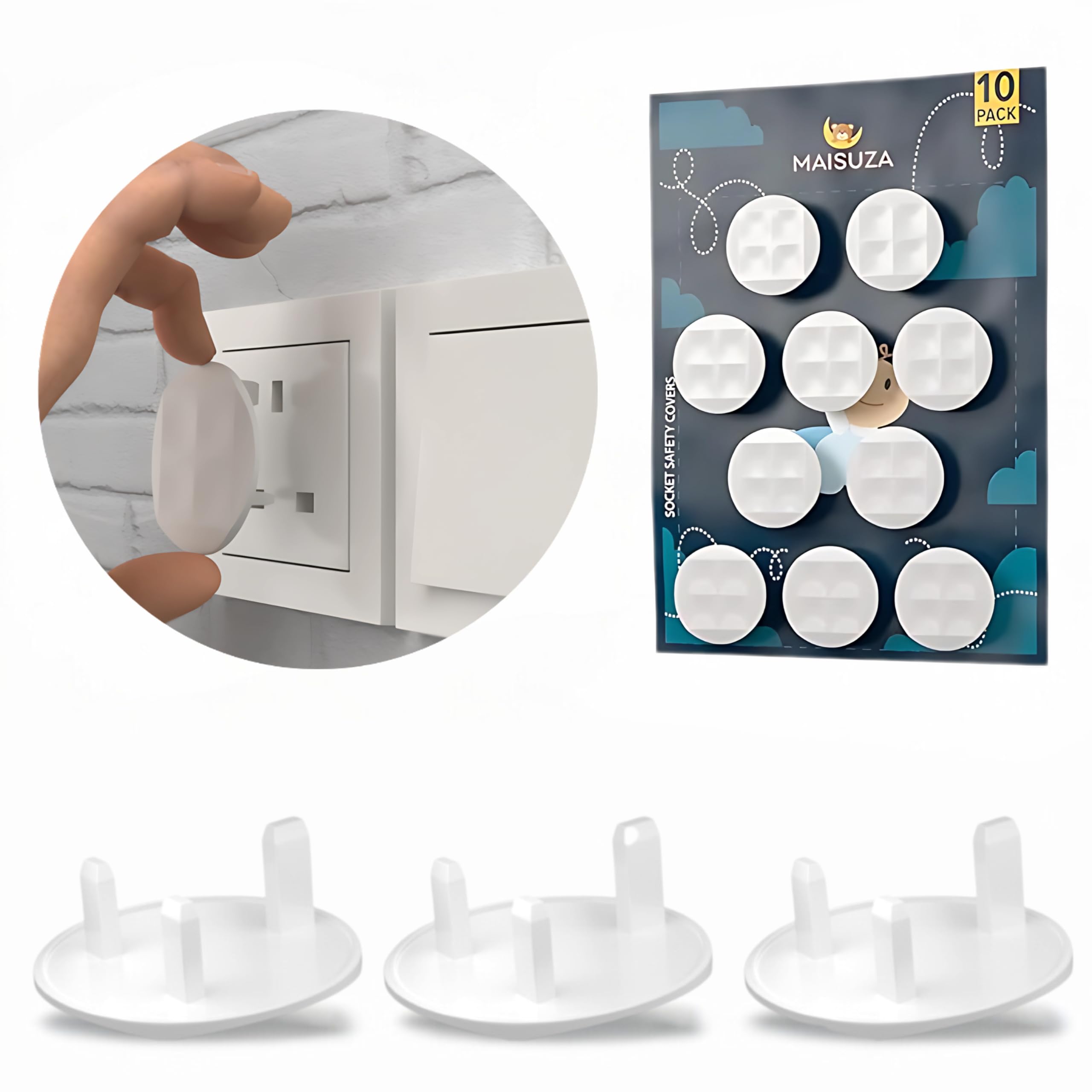 Pack of 10 Plug Socket Covers UK, Baby Proofing Safety Socket Protector -Tight Grip 3 Pin White Baby Electric Plug Covers, Perfect for Child Safety at Home & School