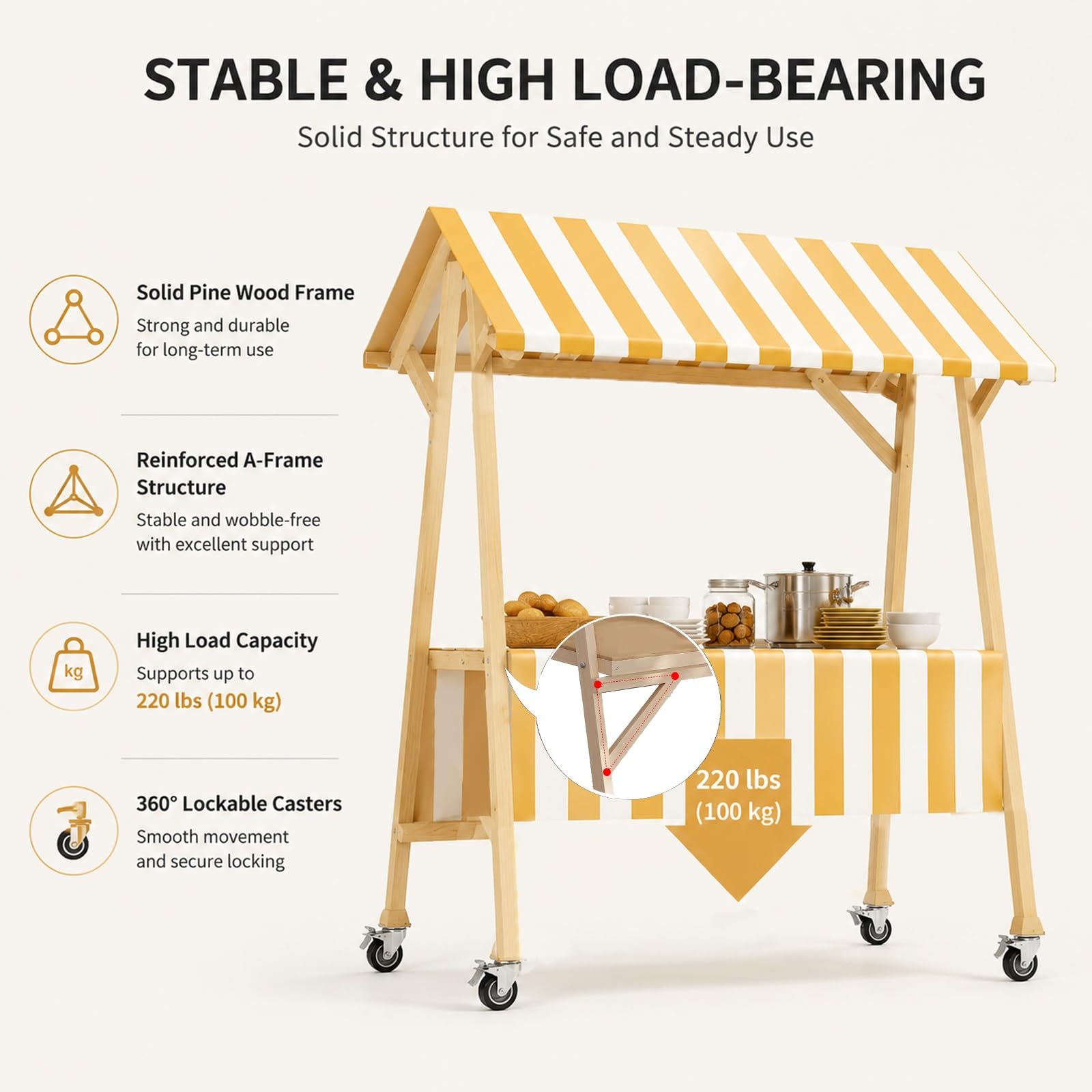 Stand de Mercado Plegable de Madera con Toldo, Carrito de Venta Ambulante para Exteriores, Quiosco de Mercado Portátil y Expositor para Venta Callejera y Eventos(Blue,150cm)