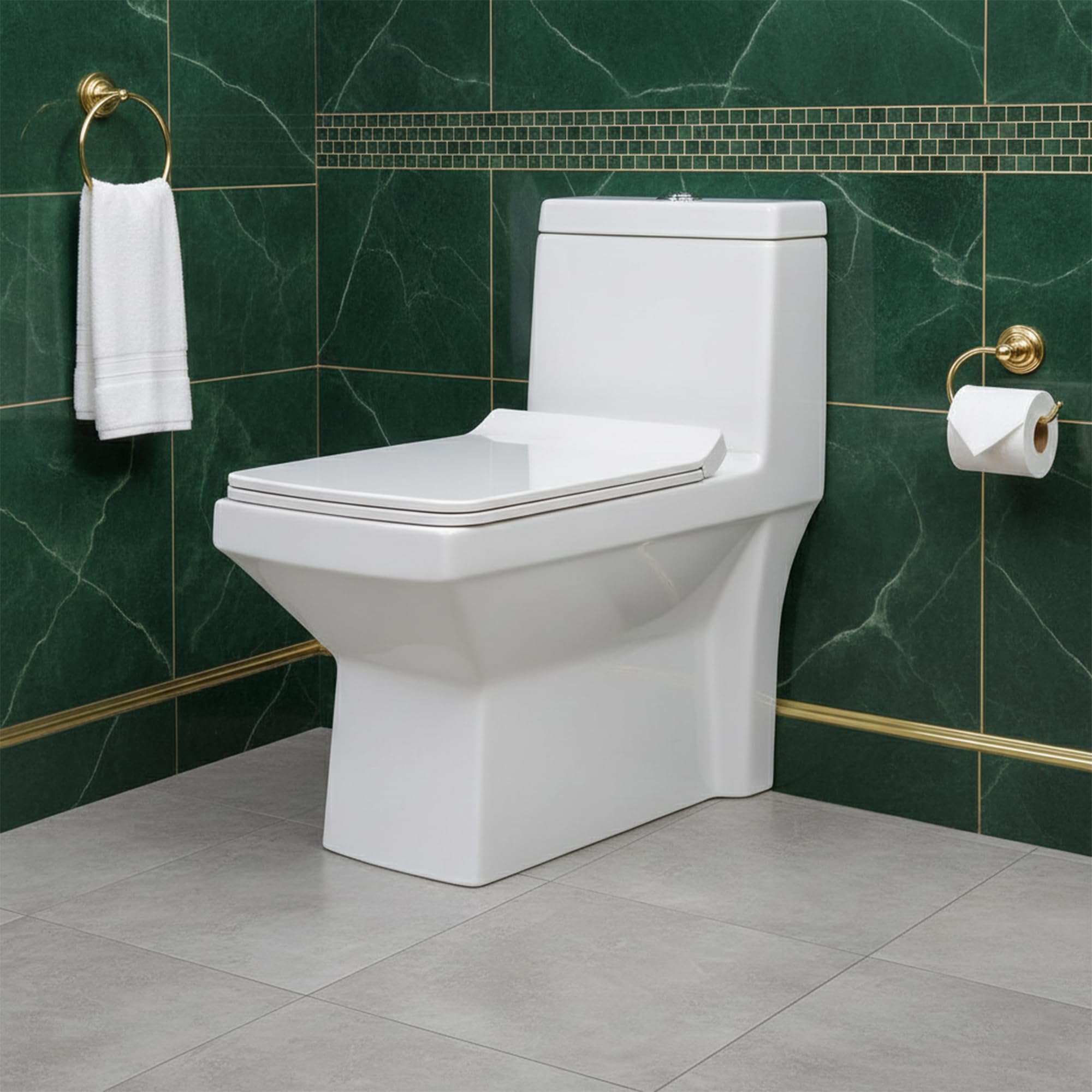 Premium One Piece Ceramic Western Floor Mounted One Piece Water Closet Western Toilet/Commode/European Commode With Soft Close Seat Cover For Lavatory, Toilets (S-Trap Outlet Is From Floor)