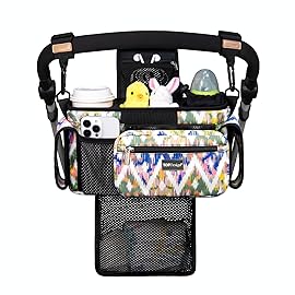 TOPDesign Universal Baby Stroller Organizer Caddy with Detachable Mesh Bag & Heightened Insulated Cup Holders & Non-Slip Secure Hooks Accessories, Fits Most Strollers (Colorful)