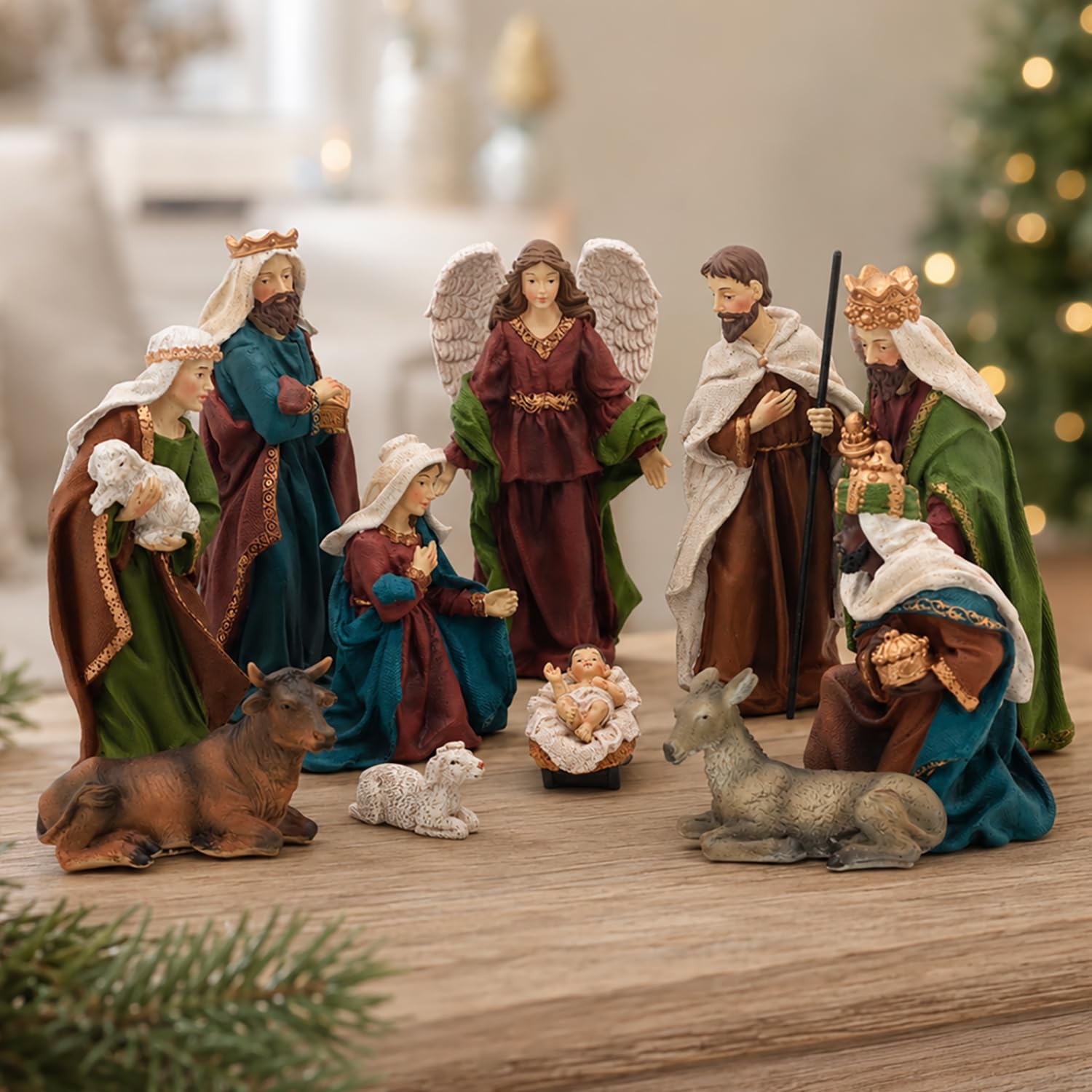 Crèche de Noël 11 pièces de 22,9 cm de haut, grande crèche de Noël Sainte | Figurines religieuses en résine peintes à la main avec bébé Jésus, Marie, Joseph, ange et mages pour décoration de table