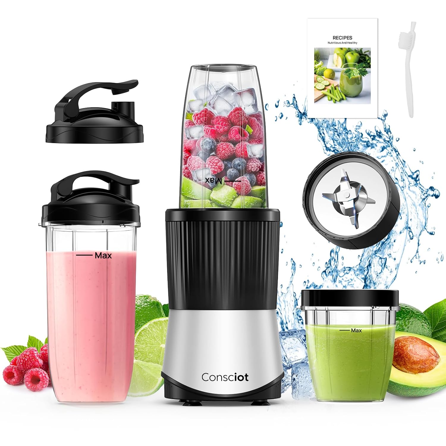Consciot CB08 11-Piece Blender for Kitchen and Personal Size, Blend Shakes and Smoothies, Frozen Drinks, Baby Food, Spreads & More, 3 Portable To-Go Cups & 2 Spout Lids & 1 Solid Lid, 900 Peak Watts image 1