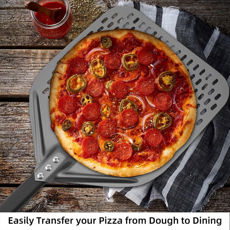 Pala Pizza Pala for pizza perforada de 12 pulgadas, aluminio anodizado duro, con mango, for dar vuelta a la(4pcs Silver Set)